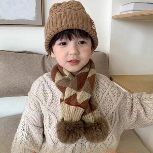 Autumn and winter plaid children's scarf warm boys and girls cross knitted wool scarf baby windproof children's collar