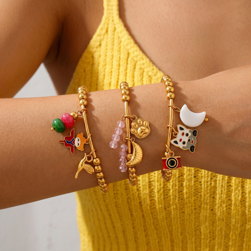 European and American Cross-Border Cute Healing Style Multi-Pendant Round Bead Elastic Bracelet with Sun, White Dove, Flower, and Cat Daily Accessories