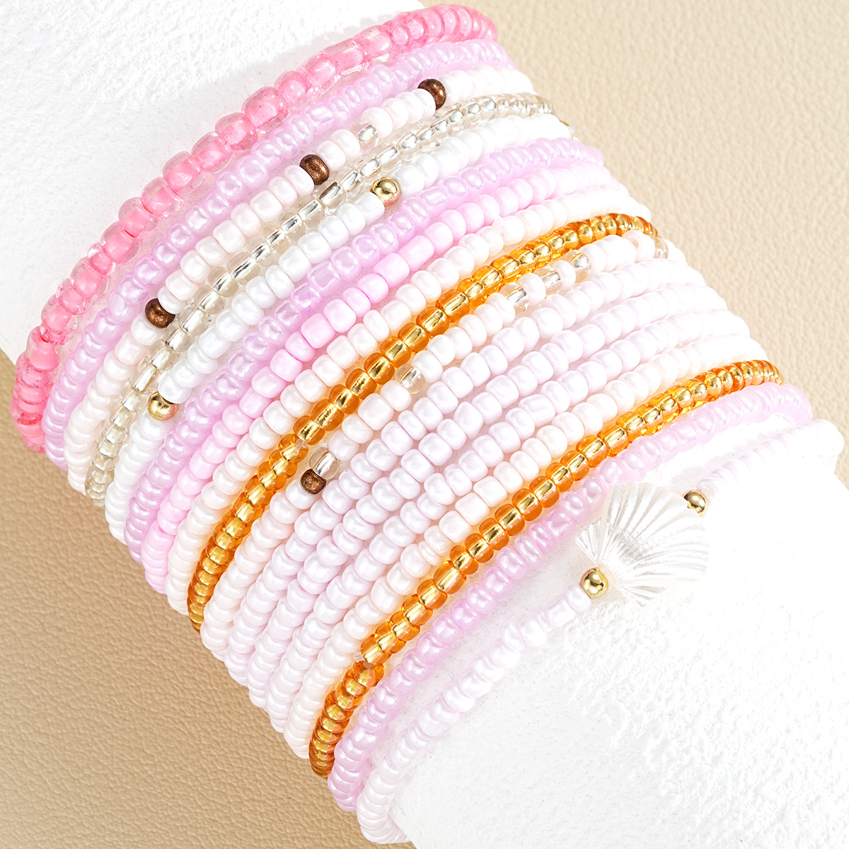 new hand-woven Bohemian style color beaded multi-layer rice beads shell bracelet 17-piece set_voghion.com