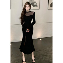 现货跨境女装批发 网纱拼接黑色长袖修身包臀抽绳开叉连衣裙