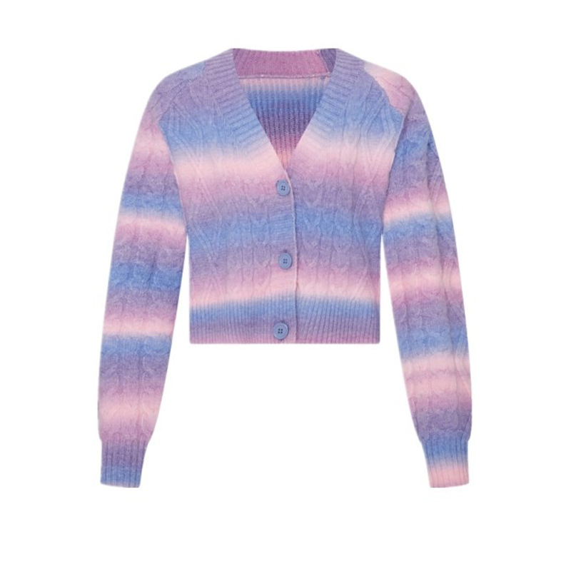 women s rainbow stripes gradient color twist knit cardigan nihaostyles clothing wholesale NSSX73206