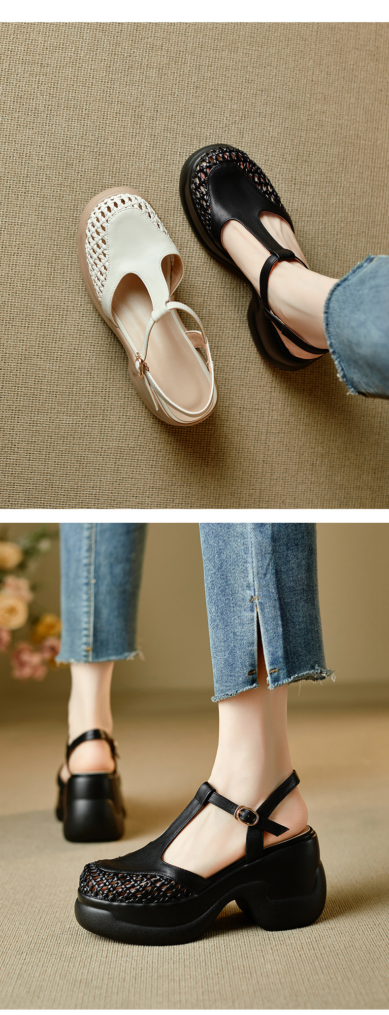 Sandal nữ quai chữ T đế xốp dày phong cách La Mã — đen chi tiết 3