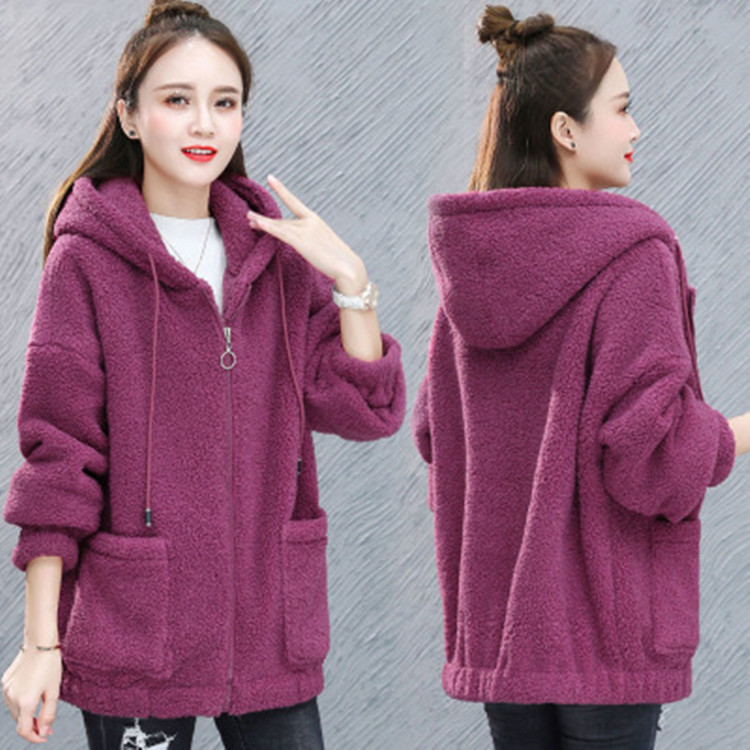Solid Color Cashmere Cardigan Sweater Women's fleece-lined Thickened Autumn and Winter Loose Korean Style Teddy Cashmere Hooded Simple Coat for Women Solid Color Cashmere Cardigan Sweater Women's fleece-lined Thickened Autumn and Winter Loose Korean Style Teddy Cashmere Hooded Simple Coat for Women