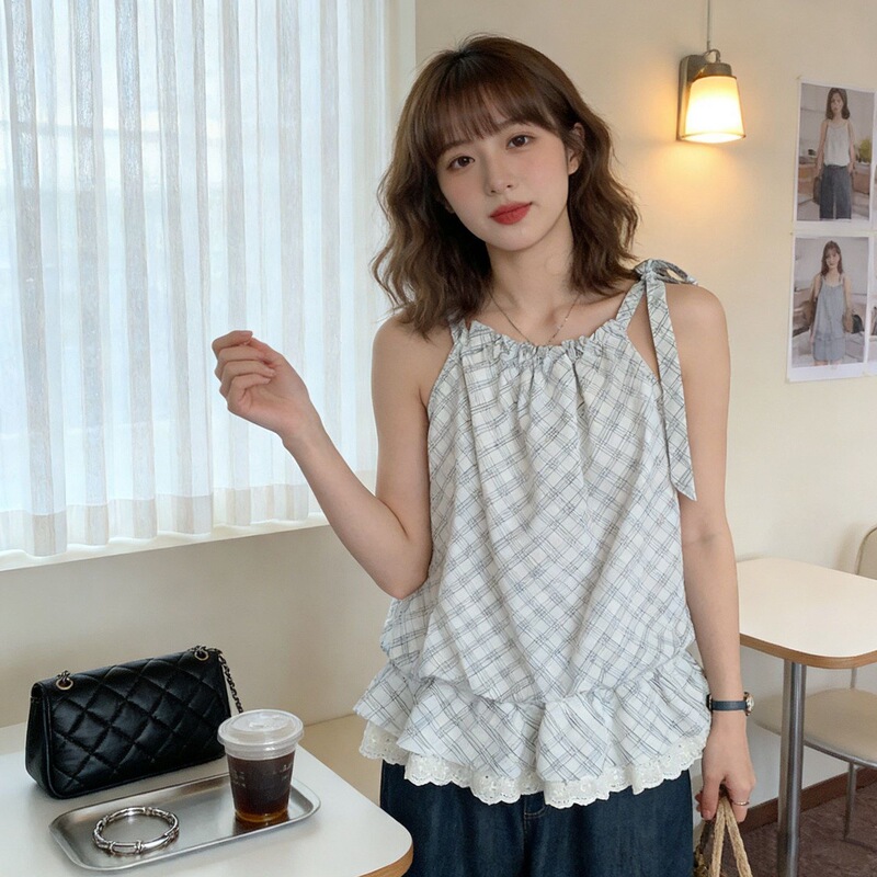 Korean-Style Plaid Lace Hem Cute Tie Bow Versatile Top for Women Summer 2026 Travel Season New Style Korean-Style Plaid Lace Hem Cute Tie Bow Versatile Top for Women Summer 2026 Travel Season New Style