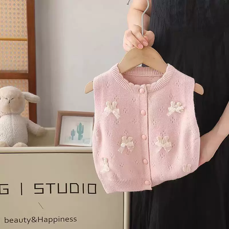 Children's sweater, knitted vest with bow girl's, demi-season cardigan, Korean style