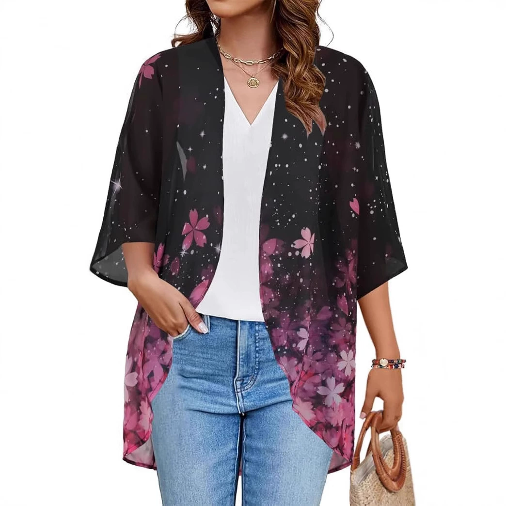 Женское кимоно с цветочным принтом и пышными рукавами, кардиган, свободная повседневная рубашка, топ