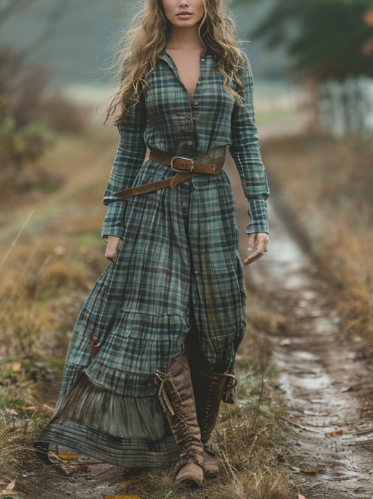 Women's Vintage V-Neck Plaid Print Maxi Dress Country Pastoral Vintage Dress_ecoleips.com