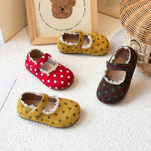 Girls' Small Leather Shoes 2025 Autum New Kidsren's Pastoral Style Polka Dot Breathable Flats Velcro Versatile Soft-Soled Shoes