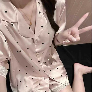 韩系满印波点冰丝睡衣夏季短袖短裤蕾丝花边两件套纯欲风家居服