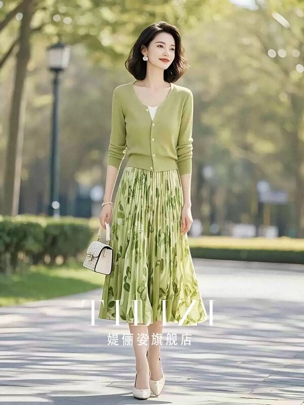 小个子绿色上衣碎花半身裙套装女2025开春新款通勤休闲时尚套装|undefined