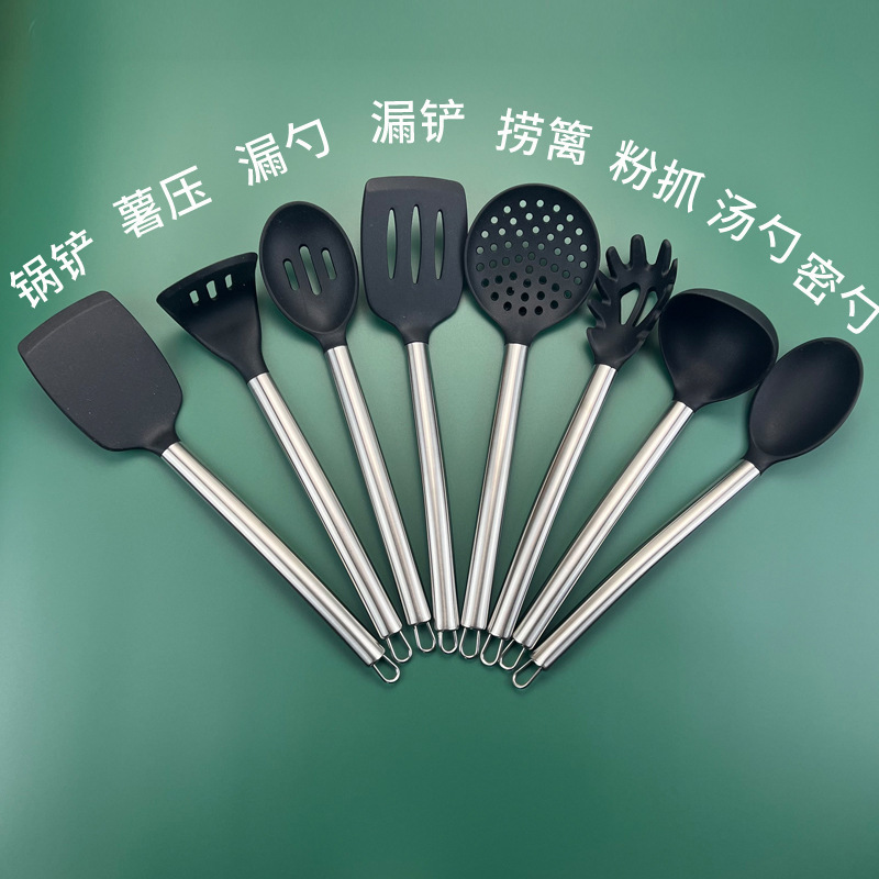 Juego de utensilios de cocina de silicona con mango de acero inoxidable, olla antiadherente de presión de papa de silicona, pala, cuchara, espátula, stock de fábrica