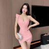 Irregular sexy suspender wrapped hip dress