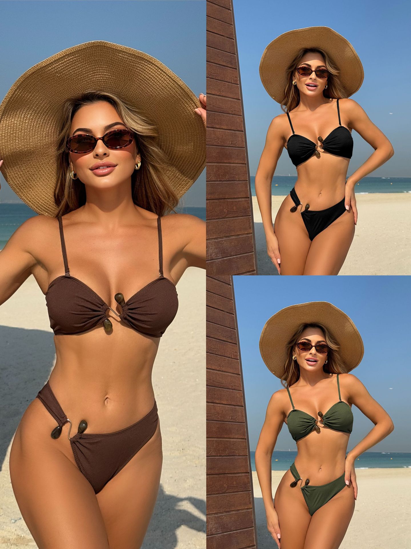 101g Weight Sexy Feel Of Sensation Bikini Panties Style Polyester Fabric Type 2 Pieces Set Quantity Swimming Pool, Beach Occasion Solid Color Pattern Women's Gender Army Green, Coffee, Black Color Women's Solid Color 2 Pieces Set Bikinis Swimwear 1