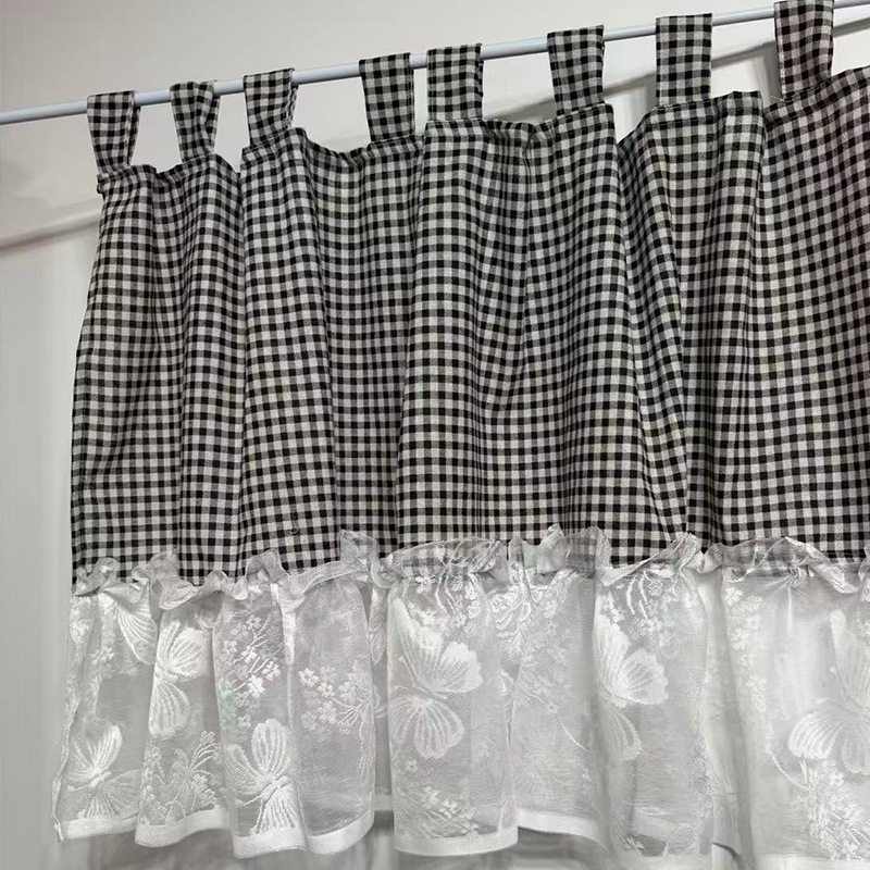 Cross-Border Country Retro Cotton and Linen Lace Printed Splicing Gauze Curtain Pastoral Literary Plaid Temu Xiyin Can Be Shipped on Behalf of Others
