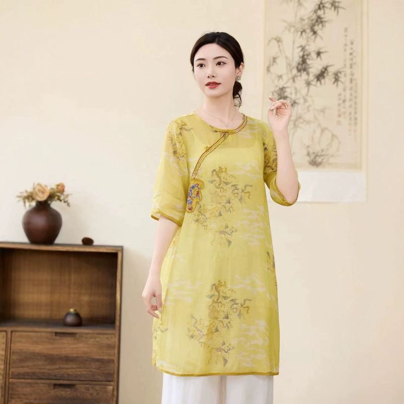 Summer New Ramie Printed Dress for Women, Chinese Style Loose-Fitting Three-Quarter Sleeves with Buttoned Ethnic Style Robe