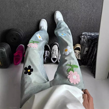 欧美hiphop炸街裤子男高级感设计感花朵刺绣牛仔裤男宽松直筒长裤