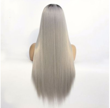 Gradiente negro medio gris largo cabello recto pelucas de fibra química delantera encaje mitad mano gancho cubierta de cabeza de moda europea LW0101