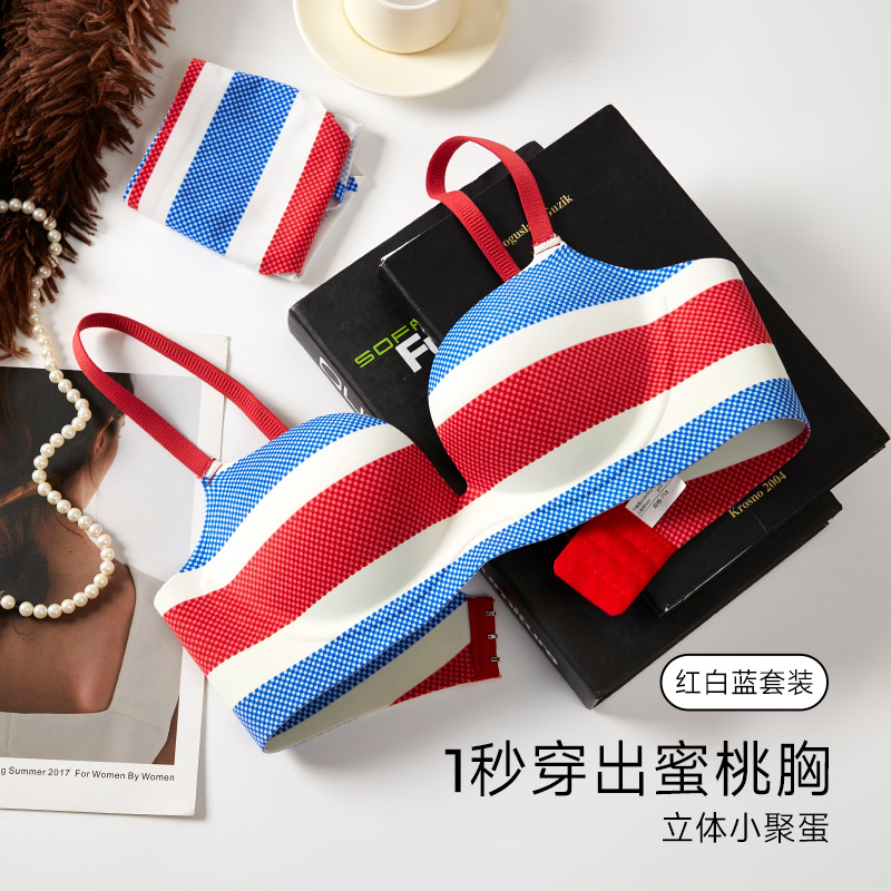 Sin anillo de acero rojo, blanco y azul tres colores sin marca ropa interior conjunto polong lateral fijo almohadilla interior brassiere delgado al por mayor