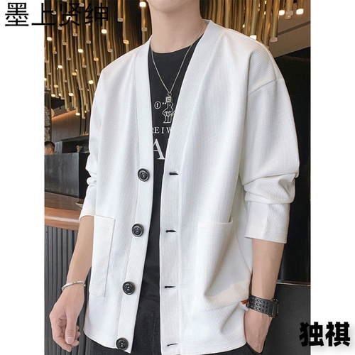 Chic Brand Waffle Collar Men's Spring and Autumn Single Button V-Neck Sweatshirt Casual Jacket Korean Style