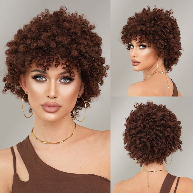 Foreign trade black female spring curly short curly hair brown elf cut fringe African chemical fiber synthetic wig