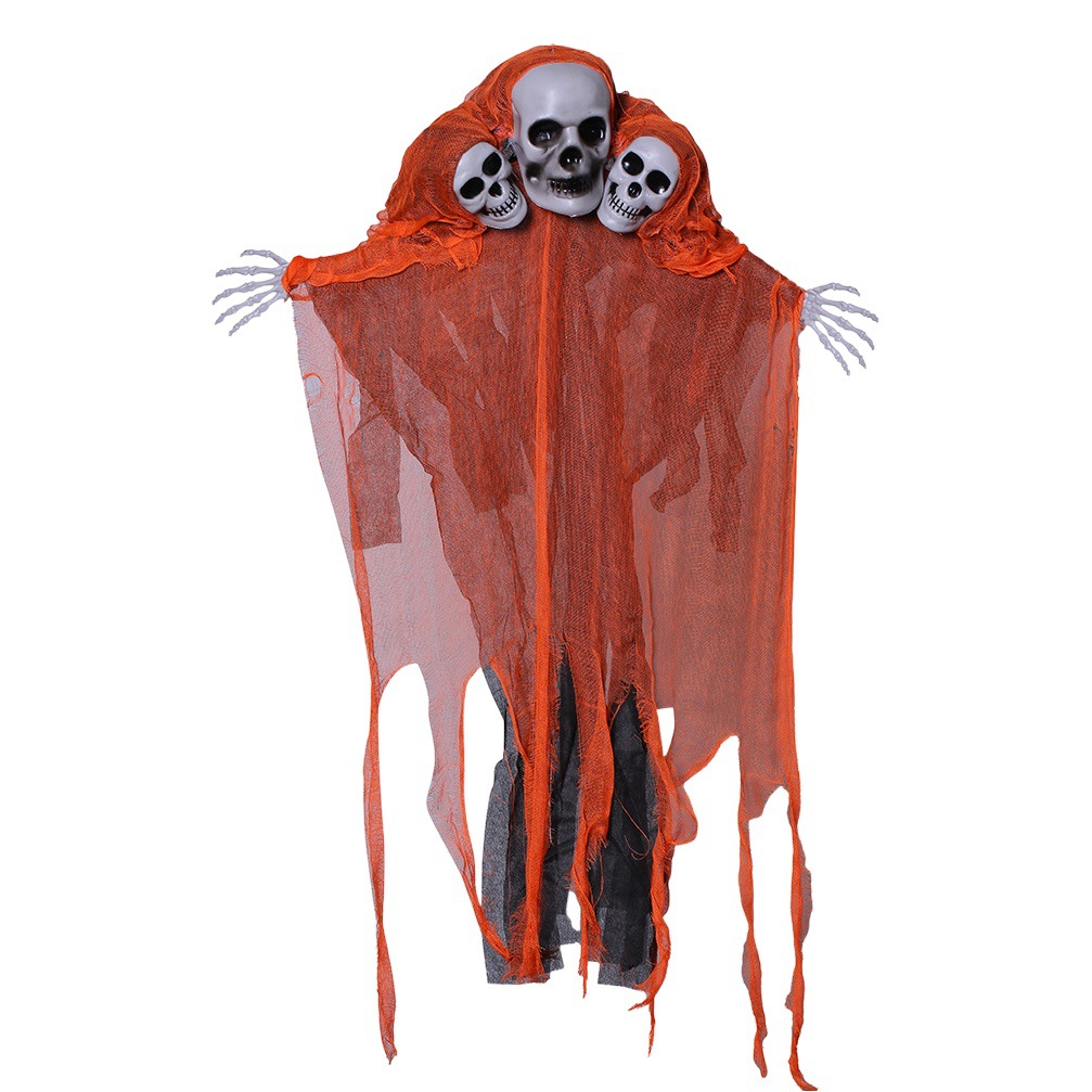 Decoración de Halloween, fantasma colgante de tres cabezas, gasa de calavera, habitación fantasma colgante, gran accesorio colgante en la puerta de la casa embrujada