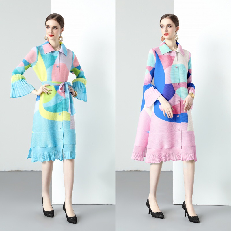 Miyake Pleated Laminated Horn Sleeve Ruffled Geometric Print Long Style Dress Women's Long Sleeve dress