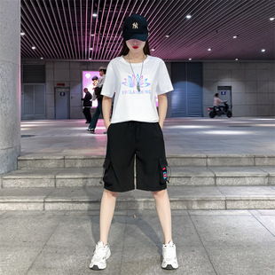 Summer Sportswear Casual Style suit Women's Ins Brand Fashion Student Fried Street Hip-hop Hip-hop Short-sleeved Two-piece Set