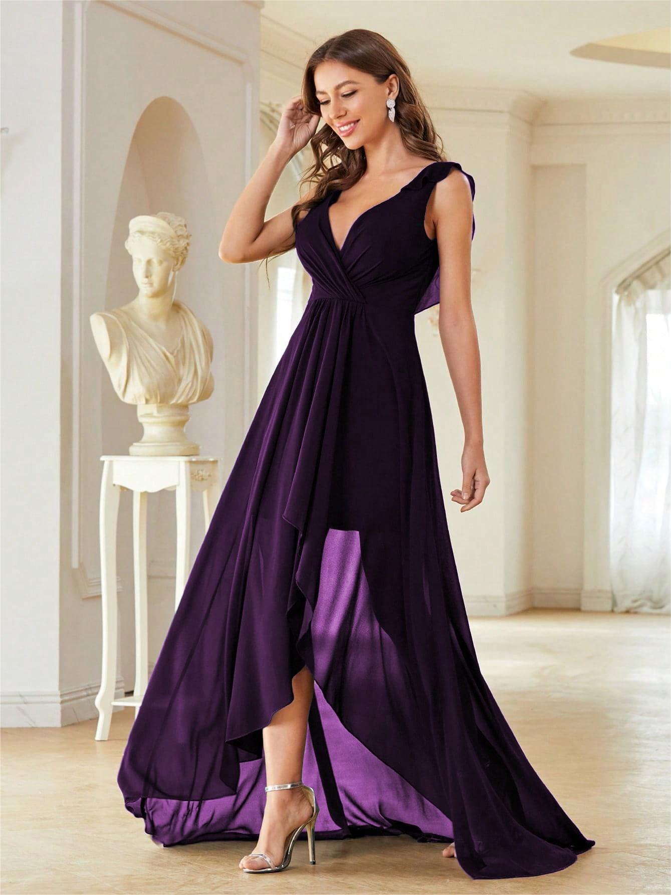 Vestido de noche de gasa con cuello en V eBay nuevo pecho plisado sin respaldo delantero corto trasero largo vestido de baile vestido de fiesta vestido de dama de honor