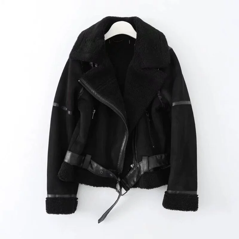 Women's Suede Motorcycle Jacket, Thickened Shearling Lining, Large Lapel, XS–XL