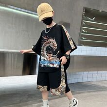 儿童夏季短袖套装新款男童哪吒潮流夏款中大童男孩休闲卡通两件套