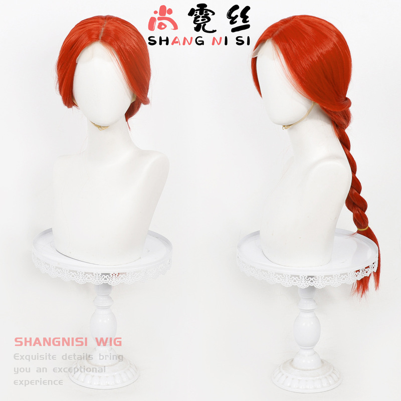 【Shan Nisi】Toy Story Jessie Cosplay Wig with Scalp Top and Front Lace, Hand-Crocheted Lace, Red Synthetic Fiber