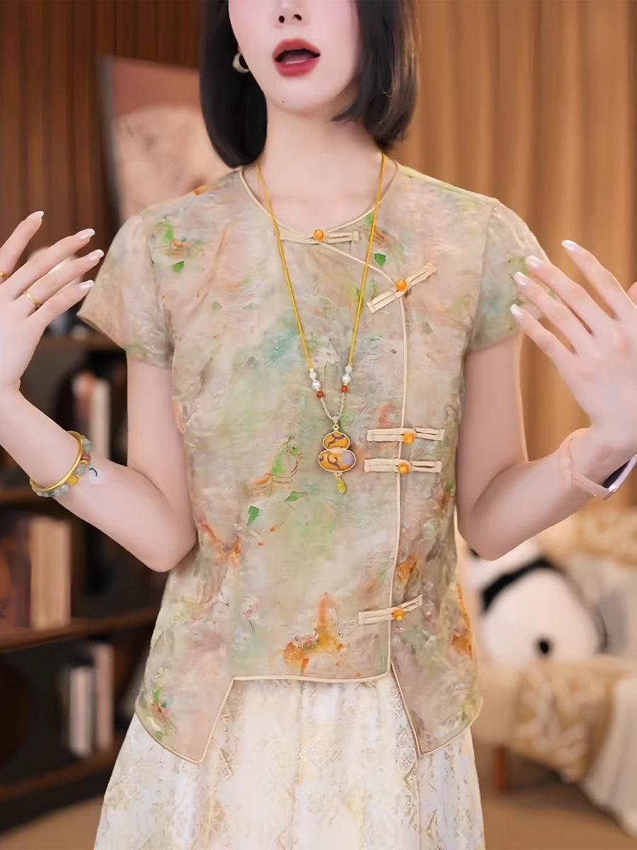 Áo sơ mi nữ ngắn tay lụa Jacquard Guofeng nút áo nhỏ Hương Vân Sa — Màu ảnh