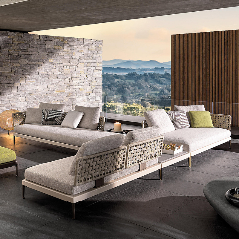 Combinación de sofá de ratán al aire libre Villa nórdica Patio Ocio Muebles de madera maciza Balcón Combinación de cuerda trenzada impermeable y solar