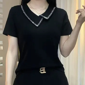 2025 Asymmetrical Collar Pure Color Embroidered Diamond Elegant High-Quality Stylish Fashion Youthful Slimming Short-Sleeve Top