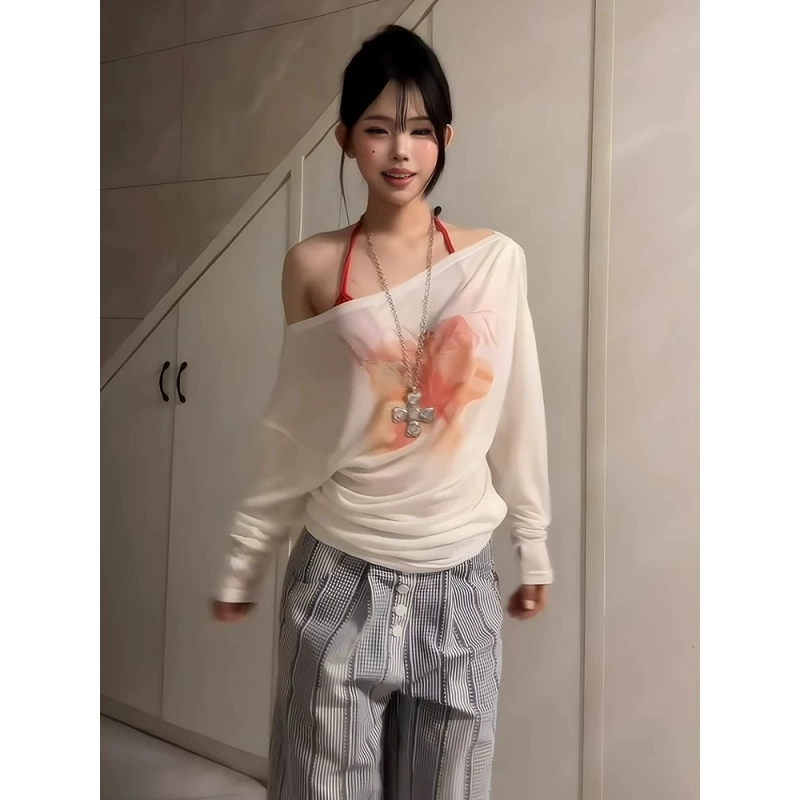 [Хлопок снежинки] Американская сексуальная футболка с цветочным принтом y2k и защитой от солнца с длинными рукавами для женщин, летняя футболка для похудения, слегка прозрачный топ