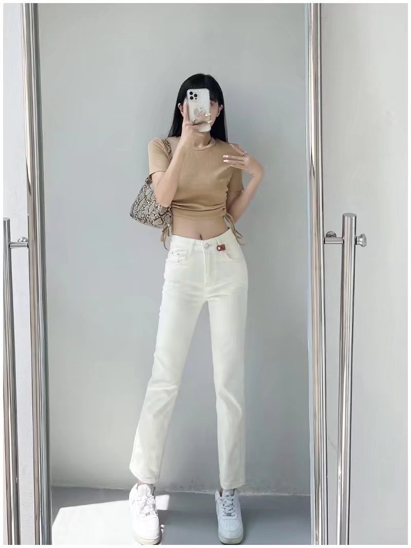 Solid color high waist leather label decor cropped jeans NSXDX135909