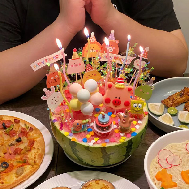 生日蛋糕夏日西瓜装饰装扮饭团配件动物生日快乐插牌蛋糕装饰|undefined