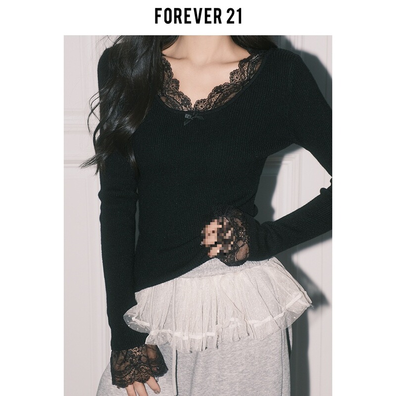 Forever21纯欲杏色蕾丝拼接V领上衣女秋冬法式打底长袖修身针织衫|undefined