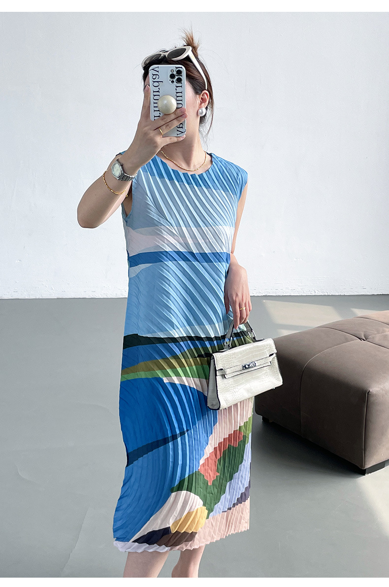 Váy maxi xếp ly in họa tiết hai dây dáng rộng thanh lịch — Màu xanh lam chi tiết 7