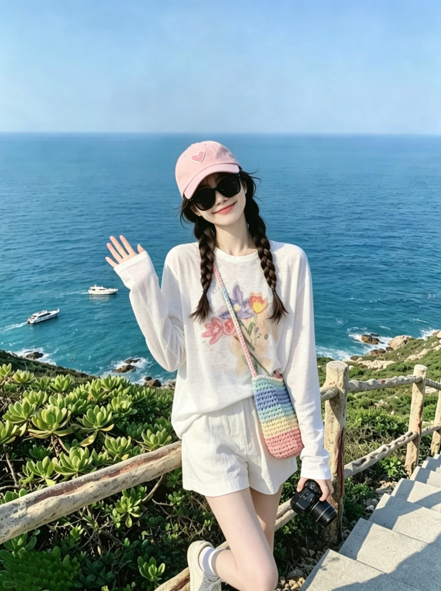 Áo thun tay dài nữ phong cách Hàn, in họa tiết hoa, kiểu chống nắng nhẹ — màu trắng chi tiết 2