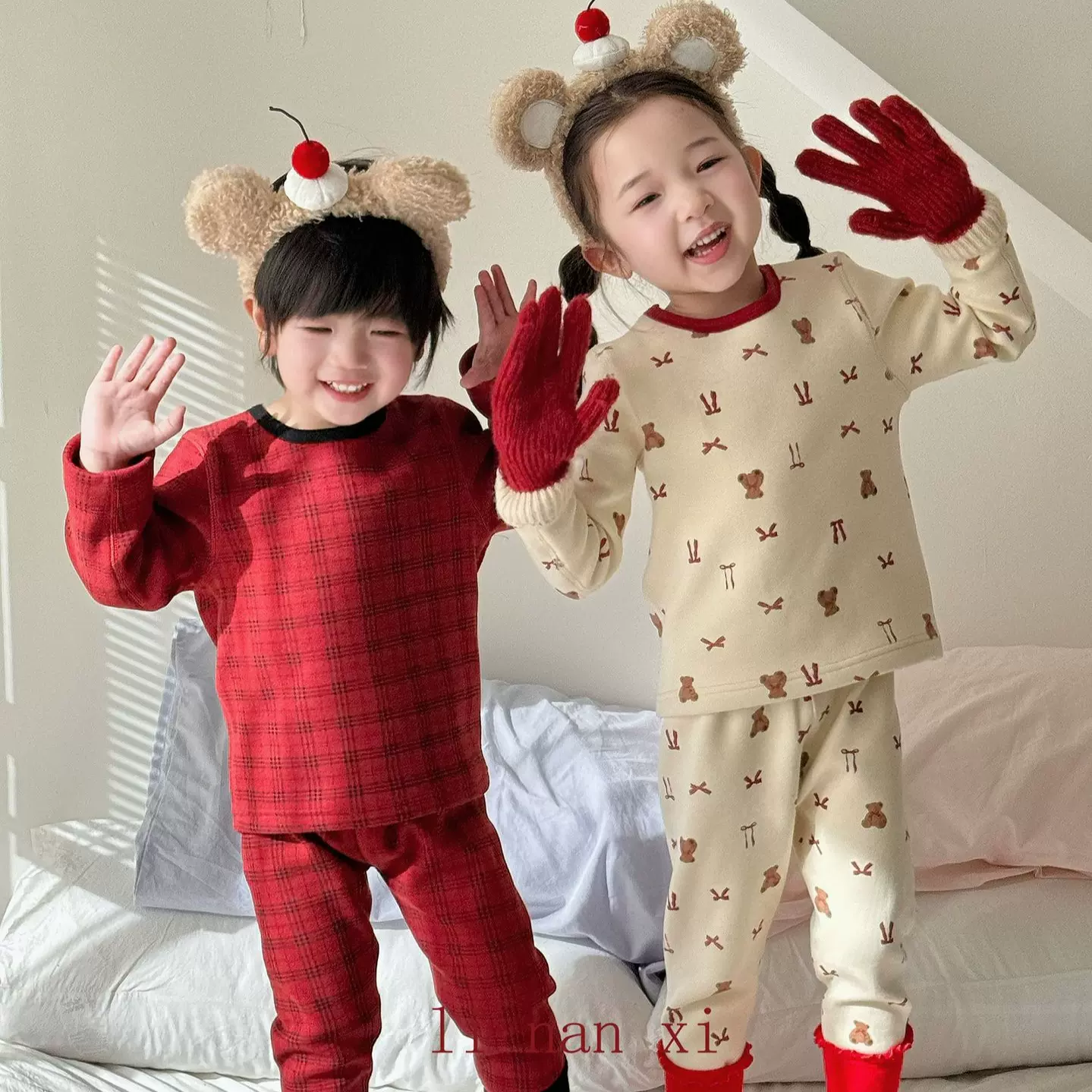 新年圣诞系列男女童睡衣加绒加厚考拉绒宝宝保暖家居服套装82533