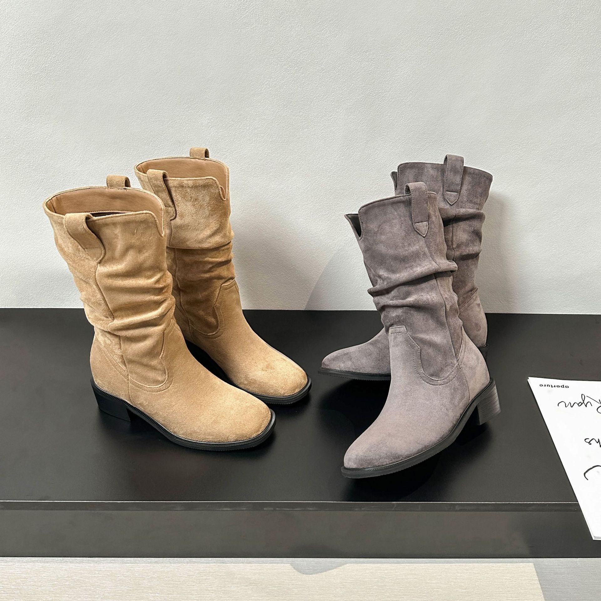 Botas de Caballero Cortas para Mujer de 8 cm, Piel de Oveja, Con Aumento, Tacón Ancho