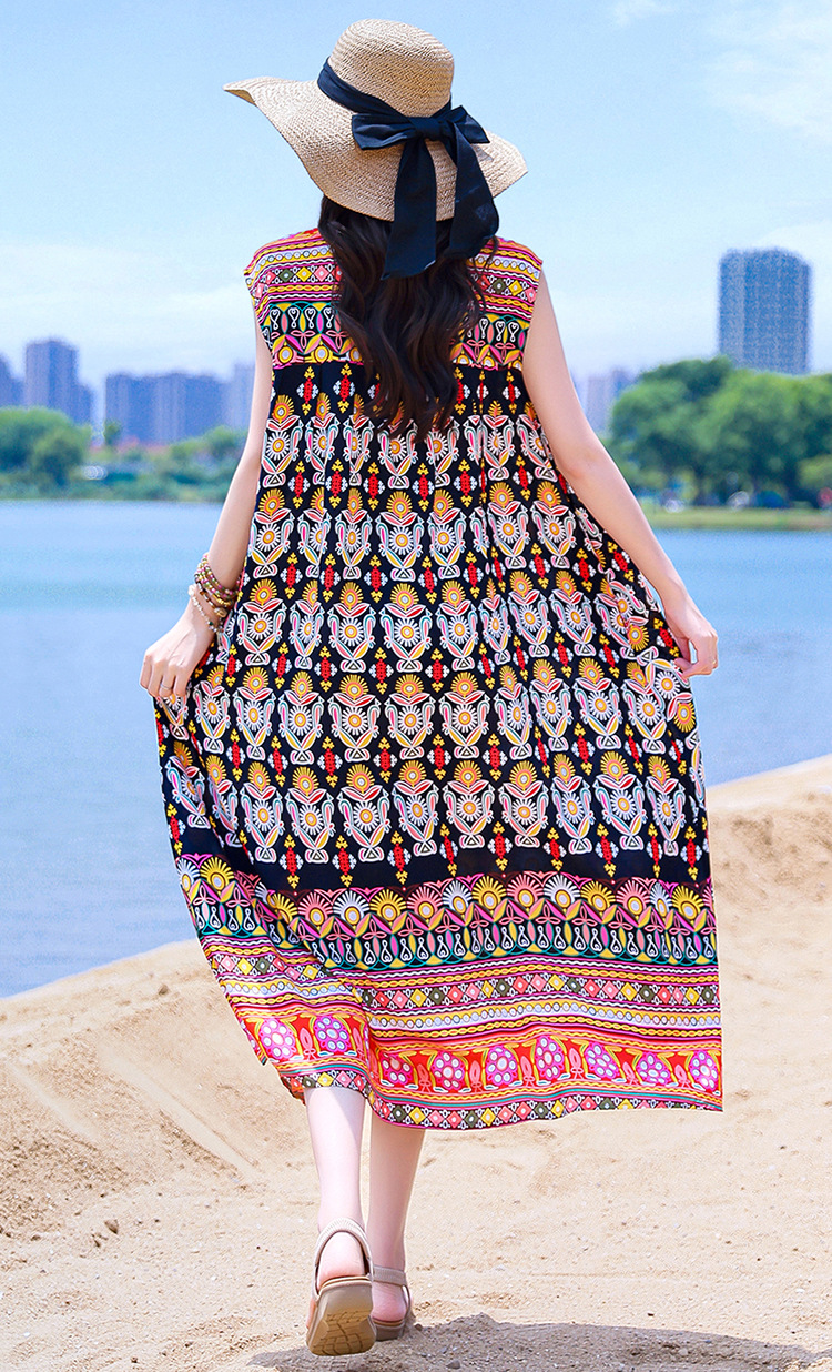 2025 New Cross-Border Plus Size Bohemian Beach Long Cotton Floral Women's Summer Dress_ecoleips.com