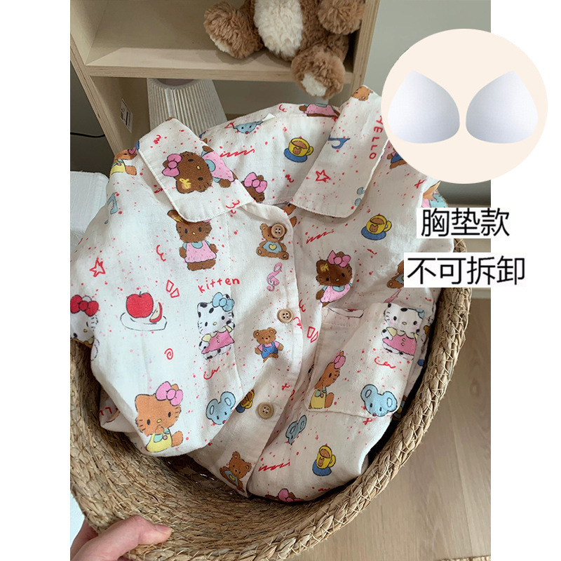【Fixed Chest Pad】Long-sleeve and long-pants pajamas for women, spring and autumn, pure cotton gauze striped loungewear, can be worn outside, two-piece set 【Fixed Chest Pad】Long-sleeve and long-pants pajamas for women, spring and autumn, pure cotton gauze striped loungewear, can be worn outside, two-piece set