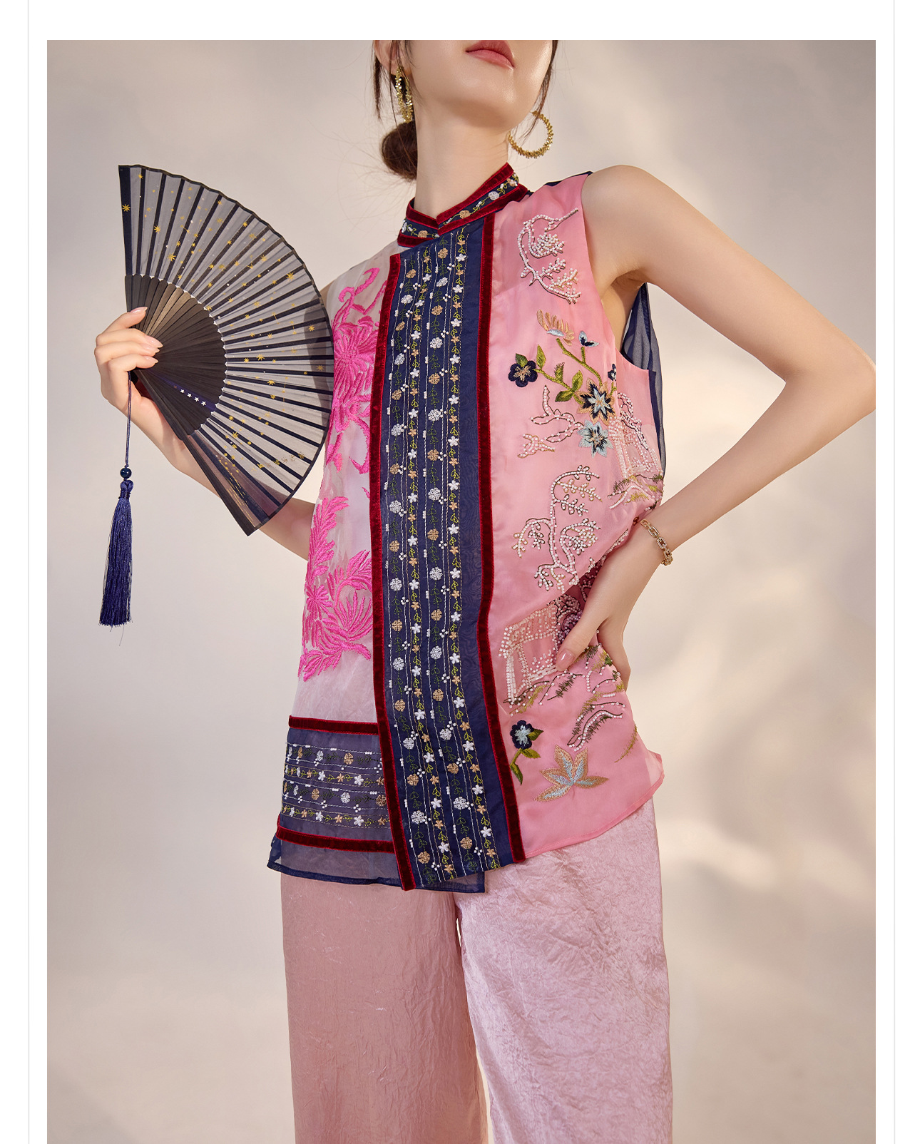 Áo vest gile nữ phong cách Trung Hoa mới, thêu họa tiết phối màu, chất liệu lụa tơ tằm, mã ZX M4238 — Phối màu chi tiết 6
