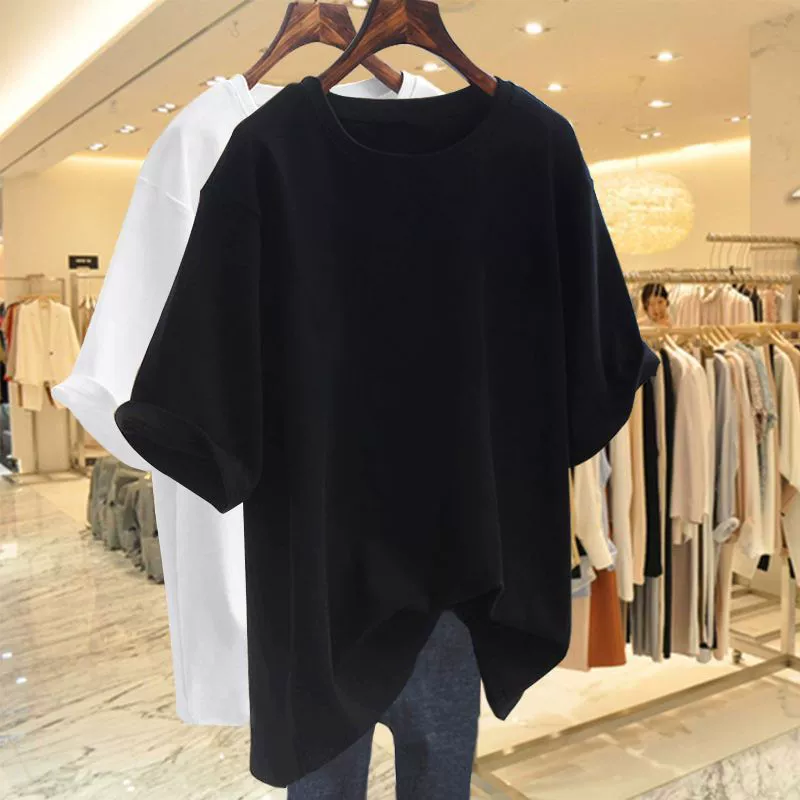 White cotton long summer solid base body-friendly T-shirt for leisure, plus size