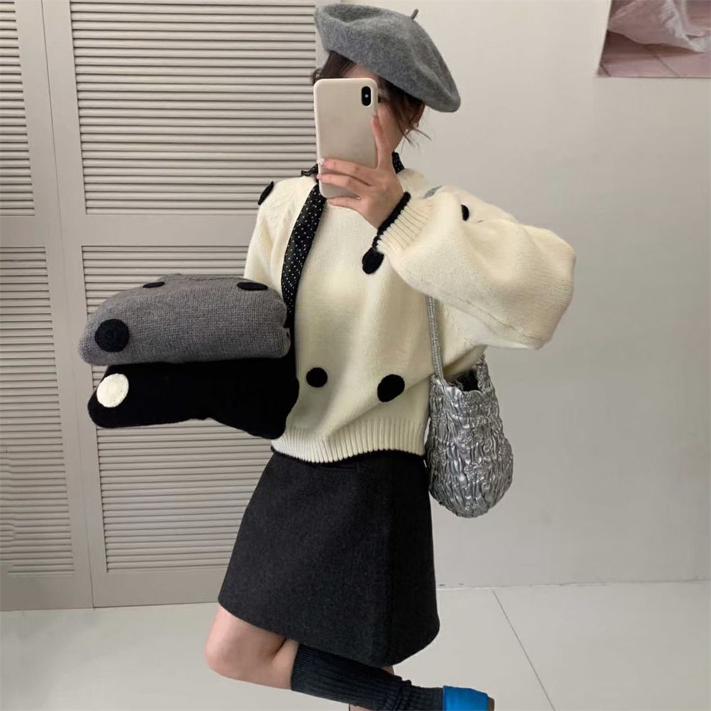 (2개) 한국 스타일 3 차원 폴카 도트 라운드 넥 스웨터 여성의 가을 및 겨울 새로운 도착 느슨한 짧은 풀오버 스웨터 탑