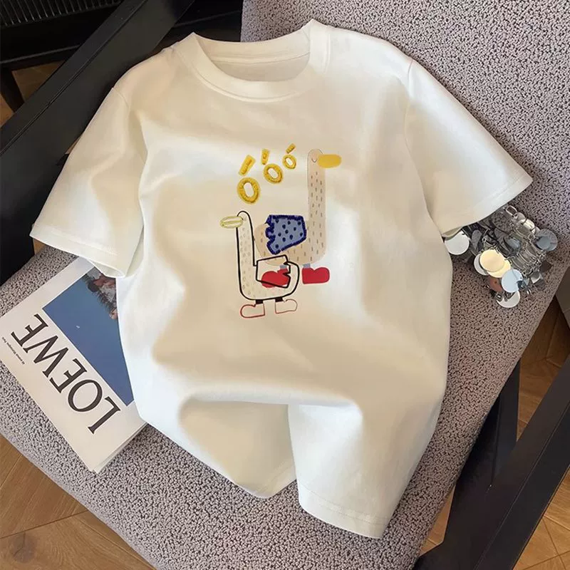 2026 Summer New White Short-Sleeve T-Shirt for Women, Straight Shoulder, Loose Fit, Slimming, Petite, Relaxed Style Top, Ins