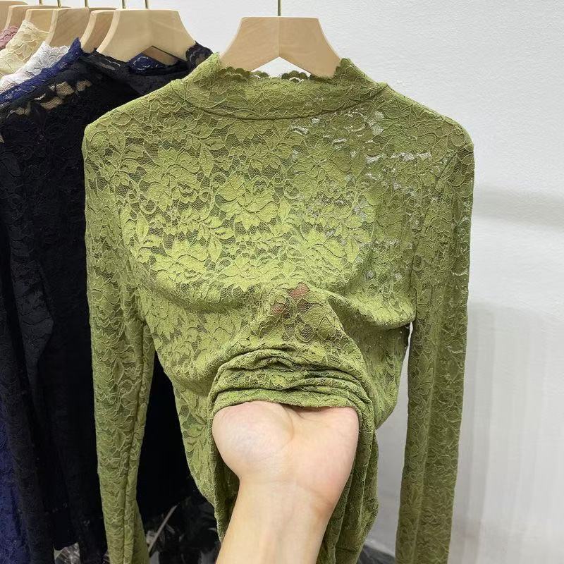 Spring and Autumn New Half-high Collar Mesh Lace Base Shirt Women's Long-sleeved Sexy Western Style Sexy Inner T-shirt Top