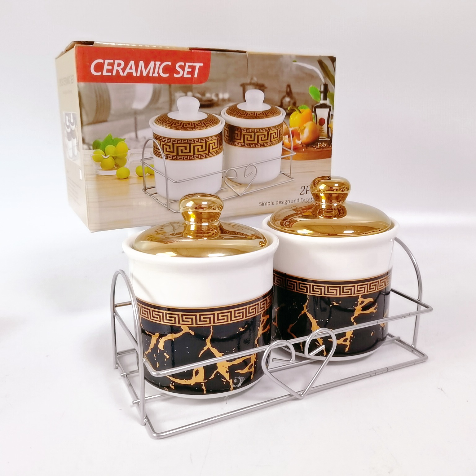 Exportación transfronteriza 2-pack cerámica chapado en oro condimento tarro con estante de hierro cocina condimento botella té tarro Oriente Medio